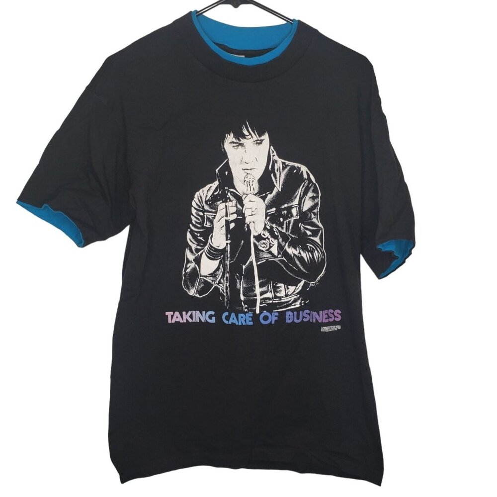 1987 Elvis Presley Taking Care Of Business Large T Shirt Blue Trim Double Collar